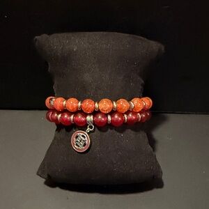Rustic Cuff Red and Orange Beaded Bracelet Set